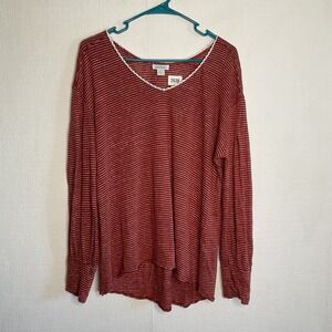 Sundance Linen Tunic Womens Large V-neck Top Slub Knit  Lace‎ Trim Stripped Red